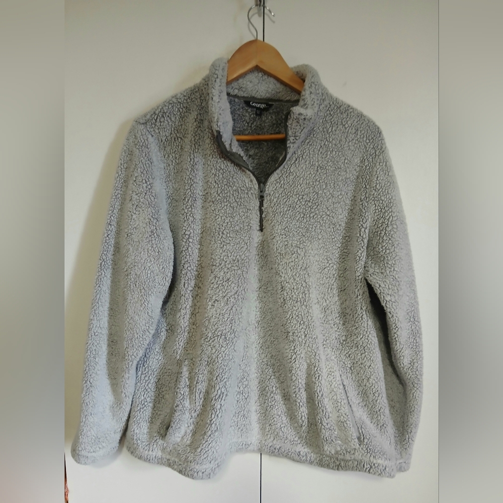 George XL Light Grey Fuzzy Sherpa Fleece Pullover Sweater Jacket Soft Cozy Warm